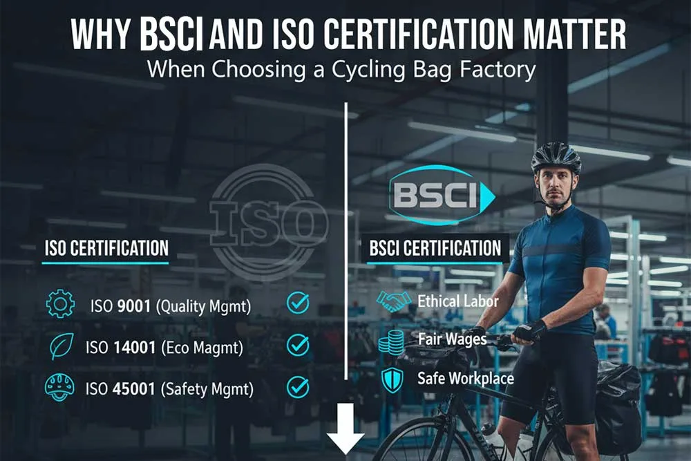Warum BSCI- und ISO-Zertifizierungen bei der Auswahl einer Fahrradtaschenfabrik wichtig sind Warum BSCI- und ISO-Zertifizierung bei der Auswahl eines Herstellers von Fahrradtaschen wichtig sind