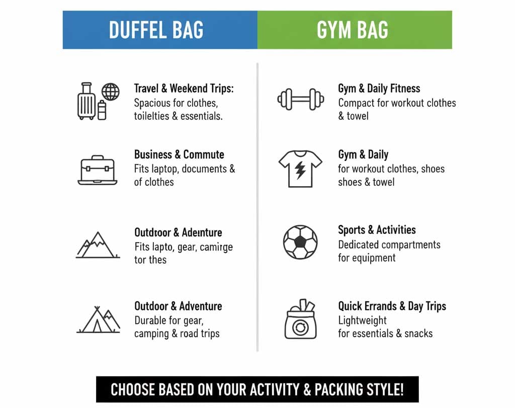 Common Uses Comparison for Gym Bag