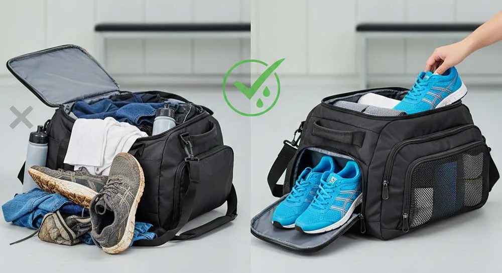 Por que uma bolsa de ginástica precisa de um compartimento separado para sapatos? Por que uma bolsa de ginástica precisa de um compartimento separado para sapatos?