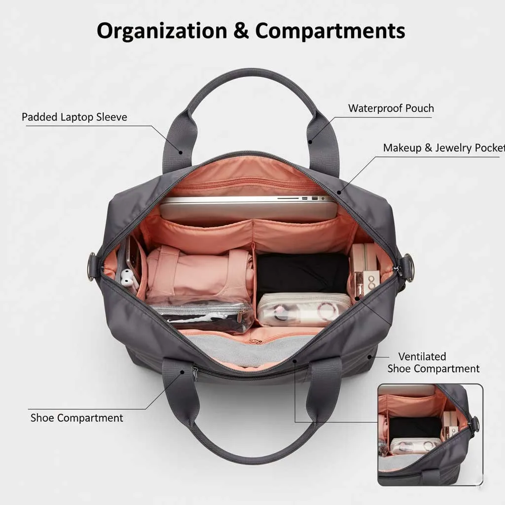 4 conseils de conception essentiels pour les sacs de sport féminins Organisation et compartiments