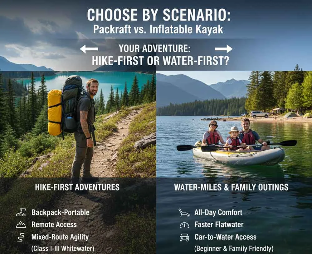 Packraft vs kayak gonfiabile (2026): Guida comparativa 4 Scegli per scenario