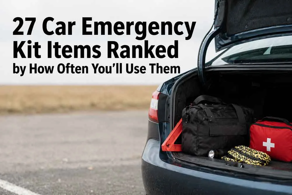 27 articles indispensables pour une trousse d'urgence automobile, classés selon leur fréquence d'utilisation.