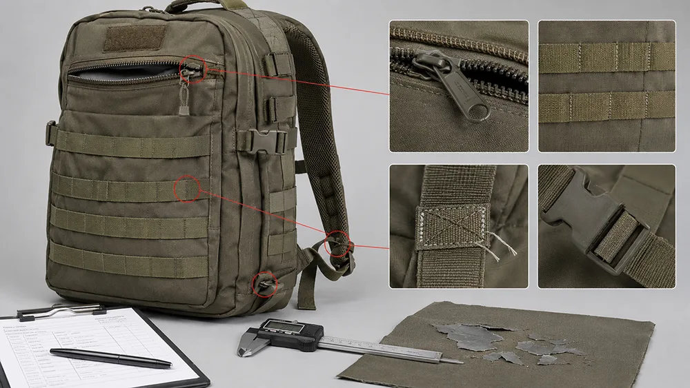 Inspection AQL des sacs tactiques : Explication des défauts critiques, majeurs et mineurs 4 Défauts majeurs lors de l'inspection des sacs tactiques