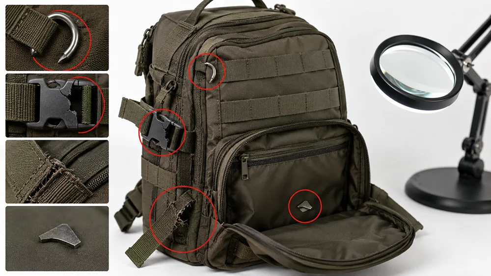 Inspection AQL des sacs tactiques : Explication des défauts critiques, majeurs et mineurs 3 Défauts critiques lors de l'inspection des sacs tactiques