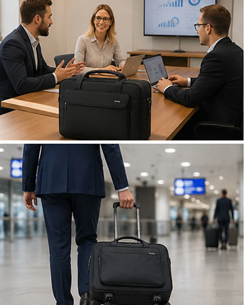 Businesstaschen im Büro und auf dem Weg zur Arbeit