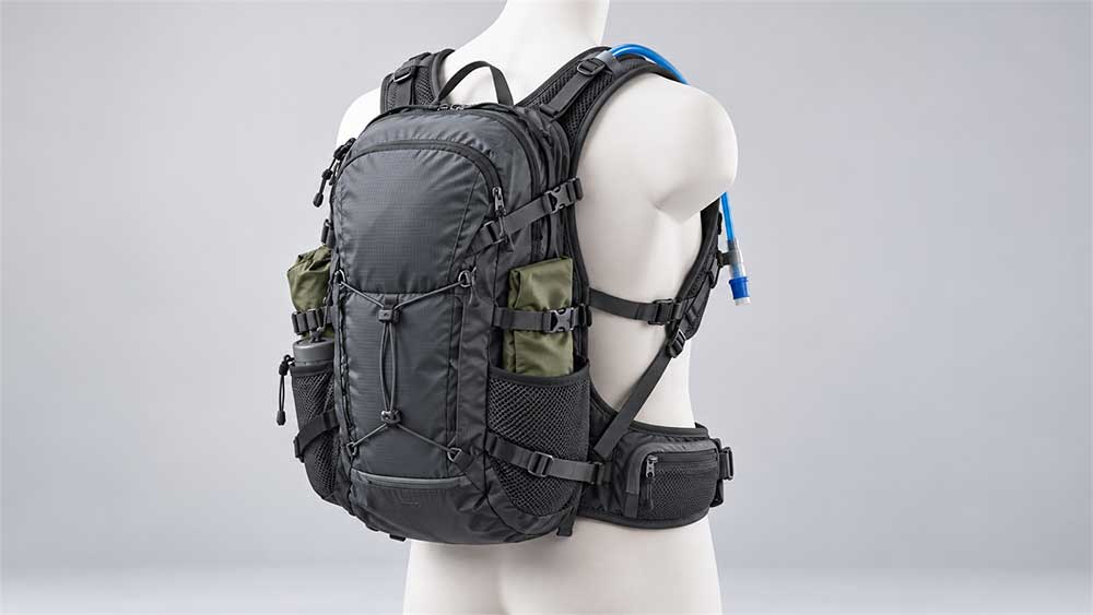 How to Stop a Hydration Backpack from Bouncing 3 Loaded hydration backpack with evenly adjusted shoulder, chest, waist, and compression straps