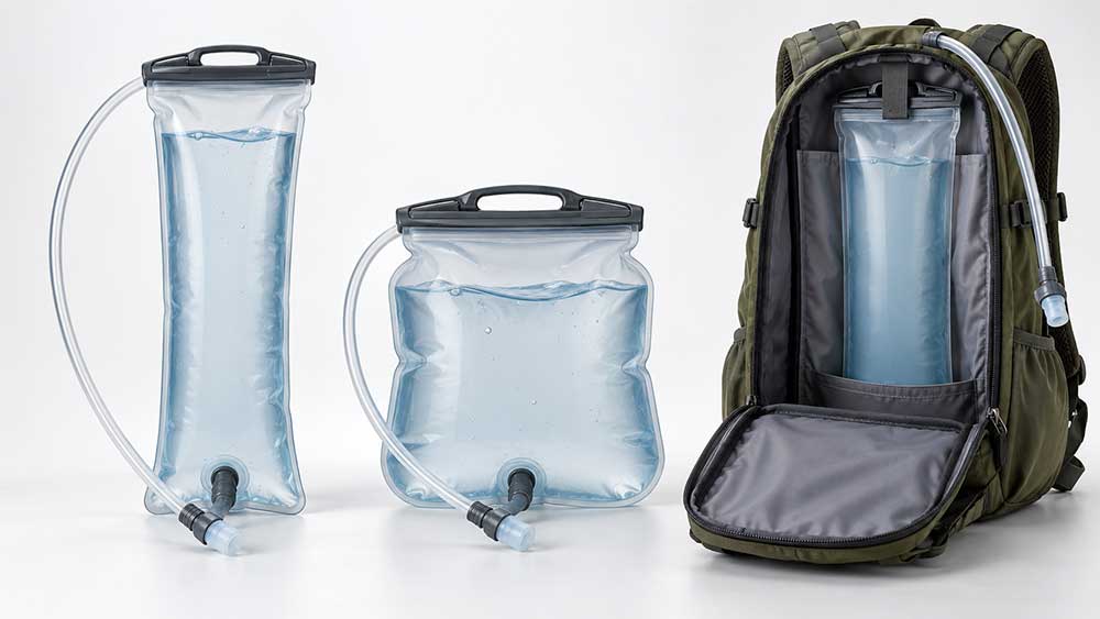 Can You Put a Hydration Bladder in Any Backpack? 4 Filled hydration bladders with different shapes compared against an open backpack compartment