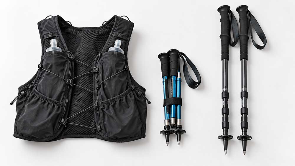 Folding and telescoping trekking poles compared beside a trail running vest