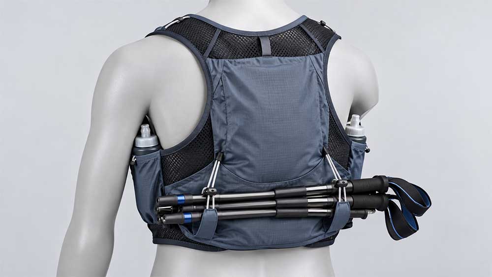 Folded trekking poles secured across a running vest with lower supports and upper retainers