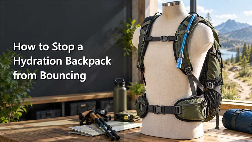 How to Stop a Hydration Backpack from Bouncing 2 Hydration backpack fitted securely on a torso mannequin to reduce bouncing
