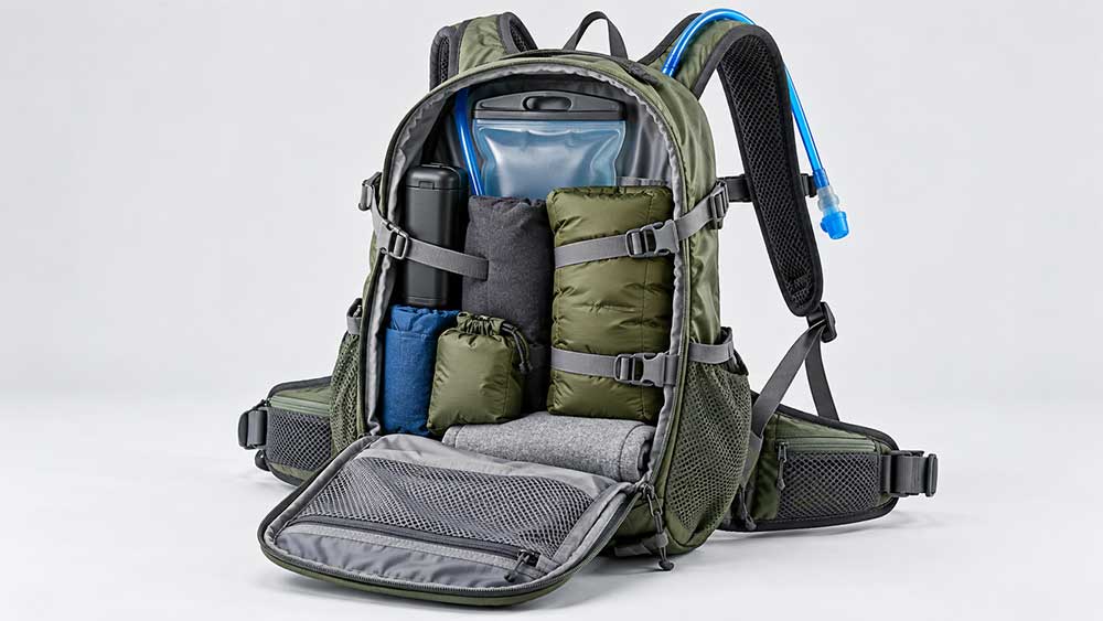 How to Stop a Hydration Backpack from Bouncing 6 Hydration backpack packed with dense gear close to the back and compression straps tightened