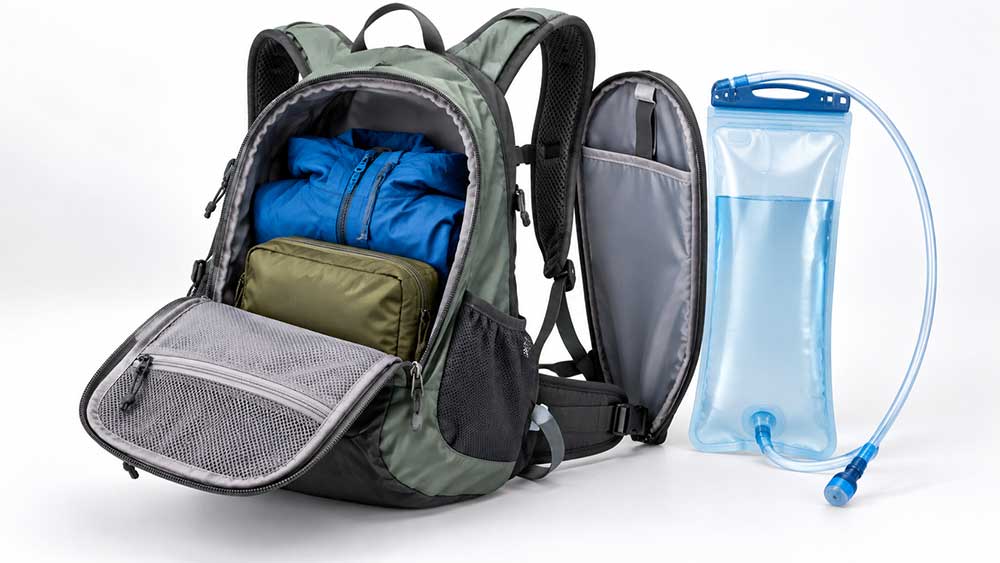 Open hydration pack showing separate storage space and water reservoir capacity