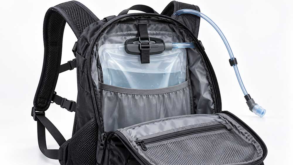 How to Stop a Hydration Backpack from Bouncing 4 Hydration reservoir secured to the hanger inside its dedicated backpack sleeve