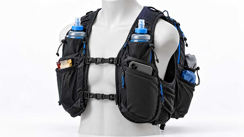 Front pockets of a hydration vest providing easy access to water, snacks, and a phone
