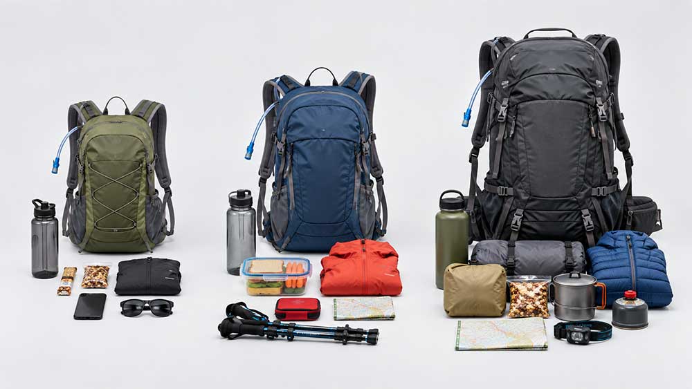 Comparison of small, medium, and large hydration daypacks with different hiking loads