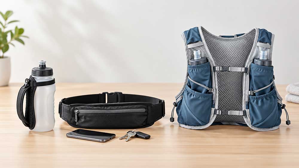 Hydration vest alternatives including a handheld bottle and running hydration belt