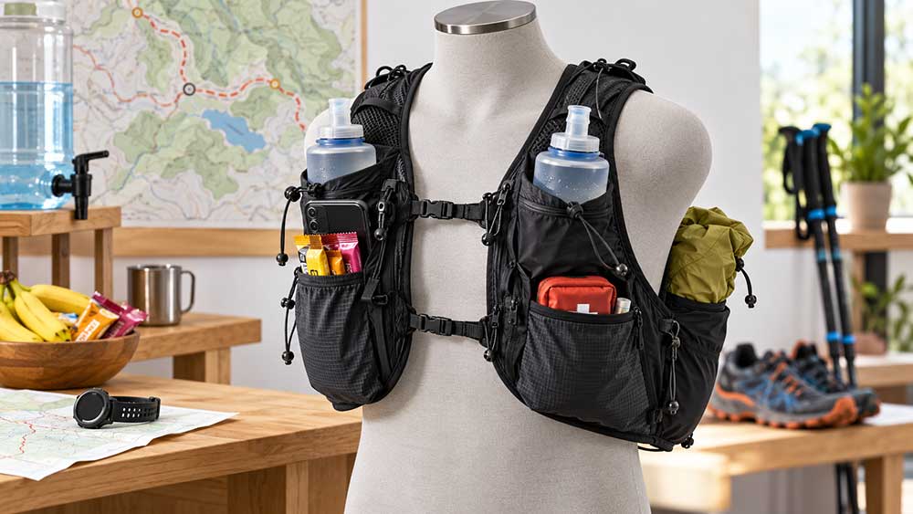 Hydration vest carrying soft flasks, snacks, a phone, and running essentials